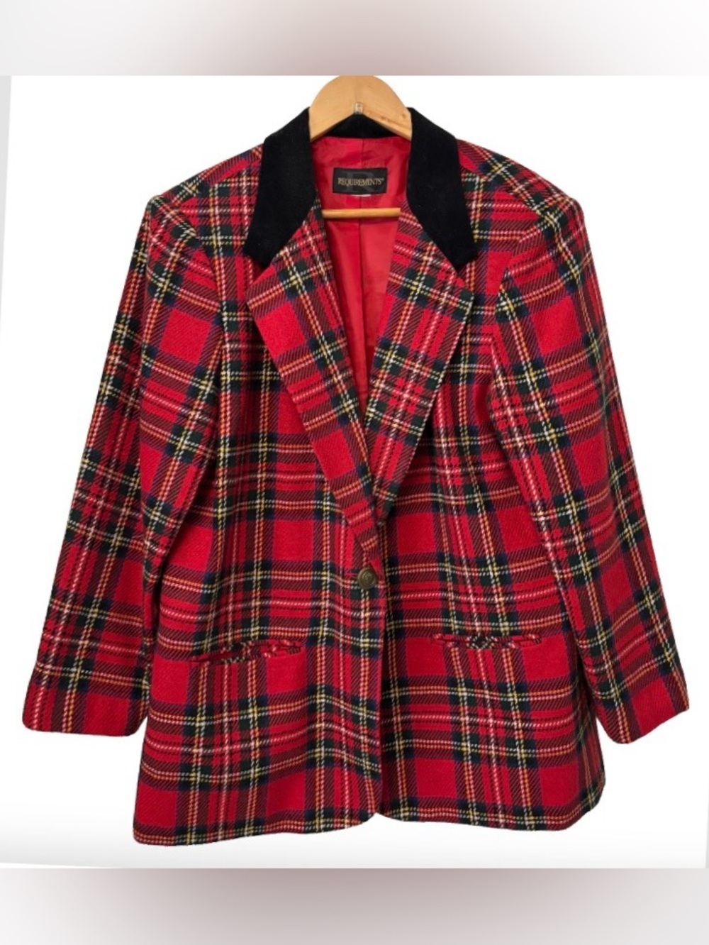 Requirements VTG wool blnd rd tartain pld w blk velvt collr WM retro holiday